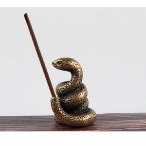 Tiny Gold Coiled Snake Incense Stick Holder Burner Statue Brass Look Metal